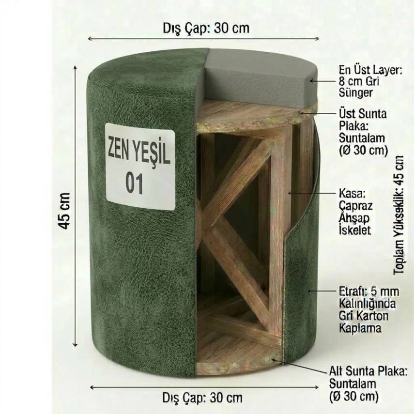  Yuvarlak Puf - 30x45 cm Koyu Yeşil Babyface Dekoratif Tabure | Armegeda - 2